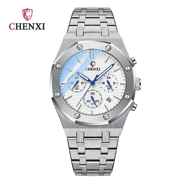 Chenxi CX0728 Chronograph Stainless Steel Sport Wristwatch Men Luminous Wristwatch (Silver White)
